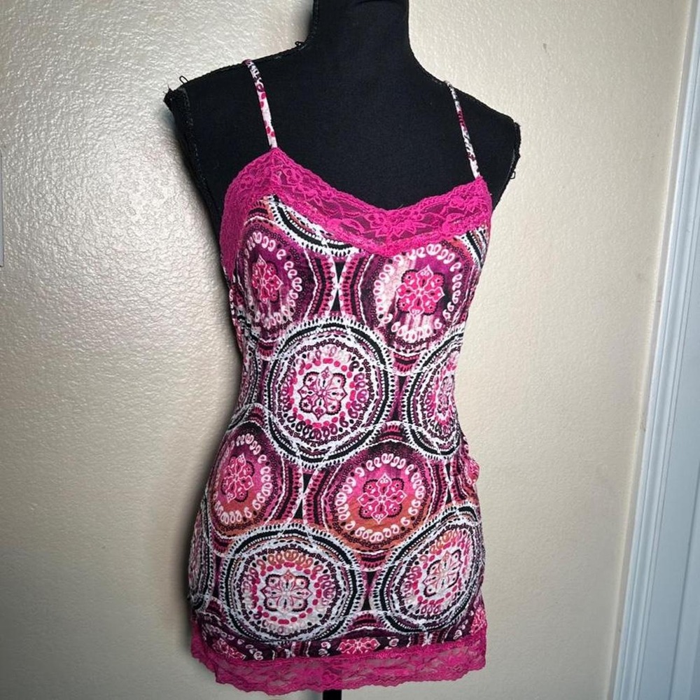 No Boundaries Y2K Pink Black Boho Paisley Lace Trim Cami Dress Small